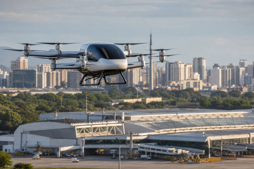 Aeronave elétrica eVTOL sobre uma área urbana brasileira, sem textos, logotipos ou elementos legíveis