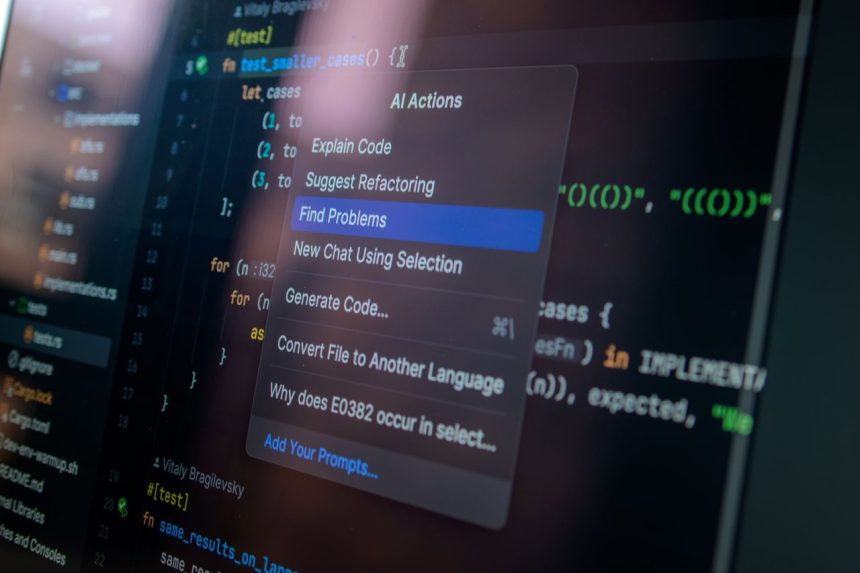 Tela de computador exibindo código e um menu de ações de inteligência artificial em um ambiente de desenvolvimento de software